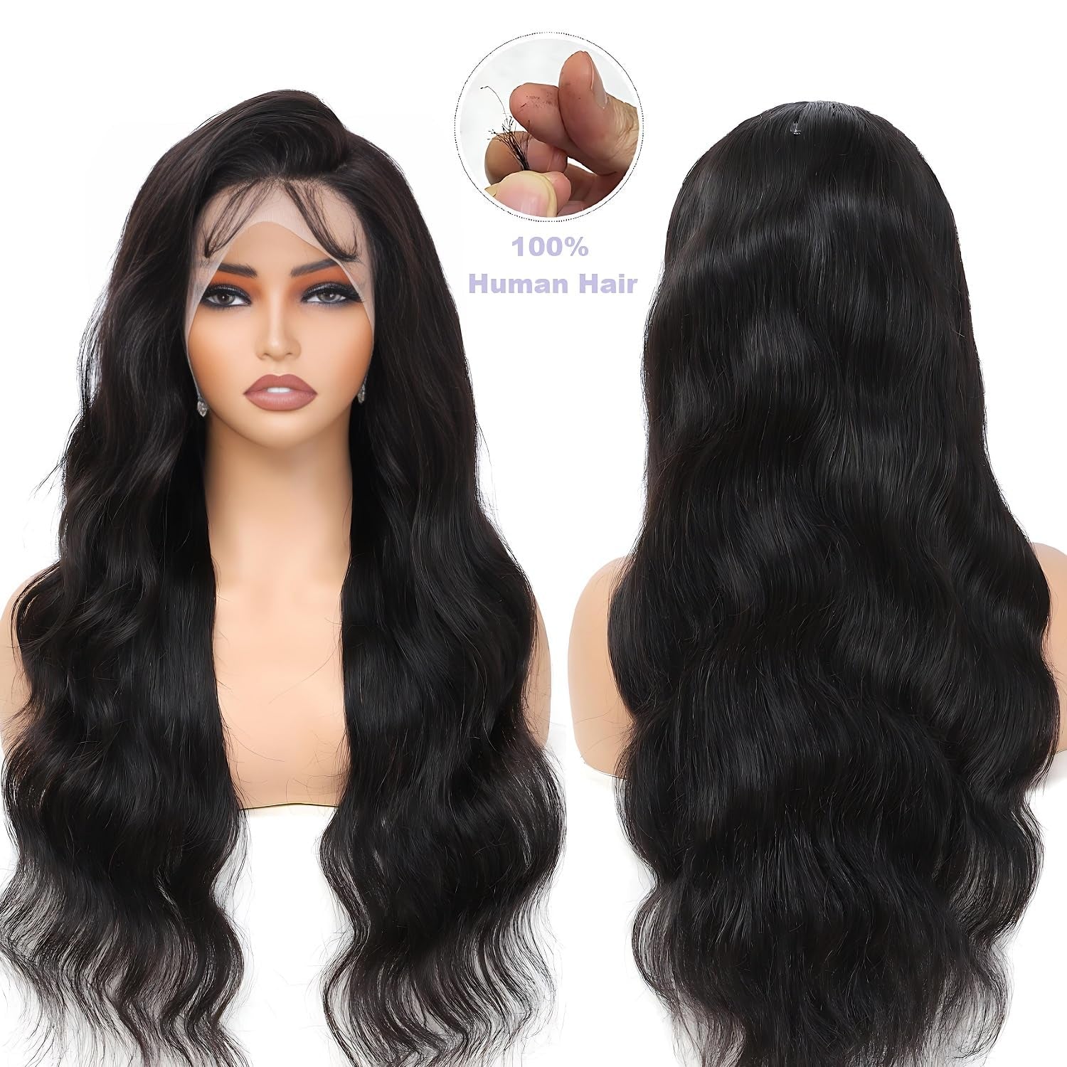 34-Inch 13X6 Human Hair Lace Front Wig - 200 Density Body Wave HD Lace Frontal, Pre-Plucked and Glueless Natural Look for Black Women