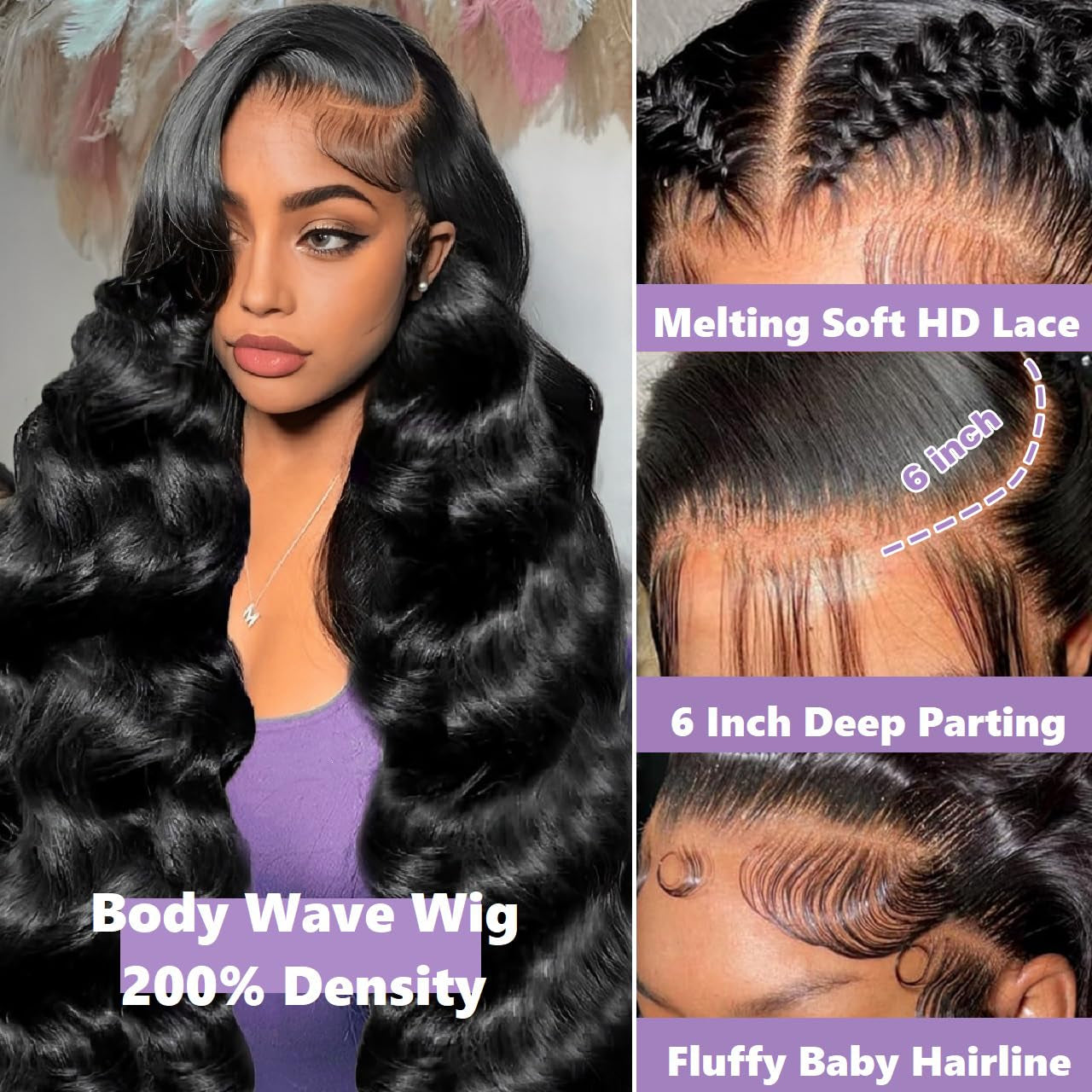 34-Inch 13X6 Human Hair Lace Front Wig - 200 Density Body Wave HD Lace Frontal, Pre-Plucked and Glueless Natural Look for Black Women