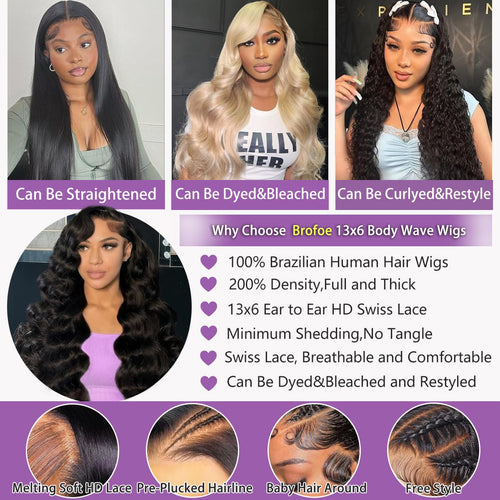34-Inch 13X6 Human Hair Lace Front Wig - 200 Density Body Wave HD Lace Frontal, Pre-Plucked and Glueless Natural Look for Black Women