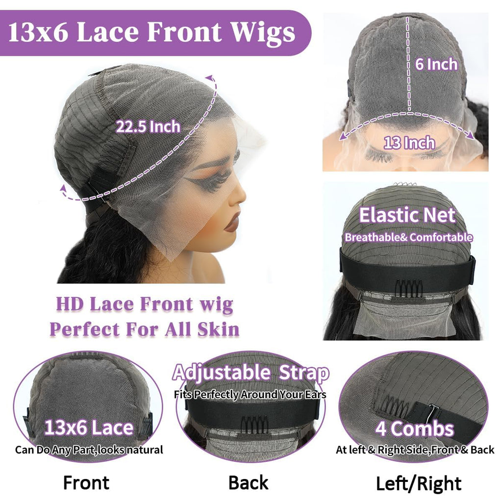 34-Inch 13X6 Human Hair Lace Front Wig - 200 Density Body Wave HD Lace Frontal, Pre-Plucked and Glueless Natural Look for Black Women